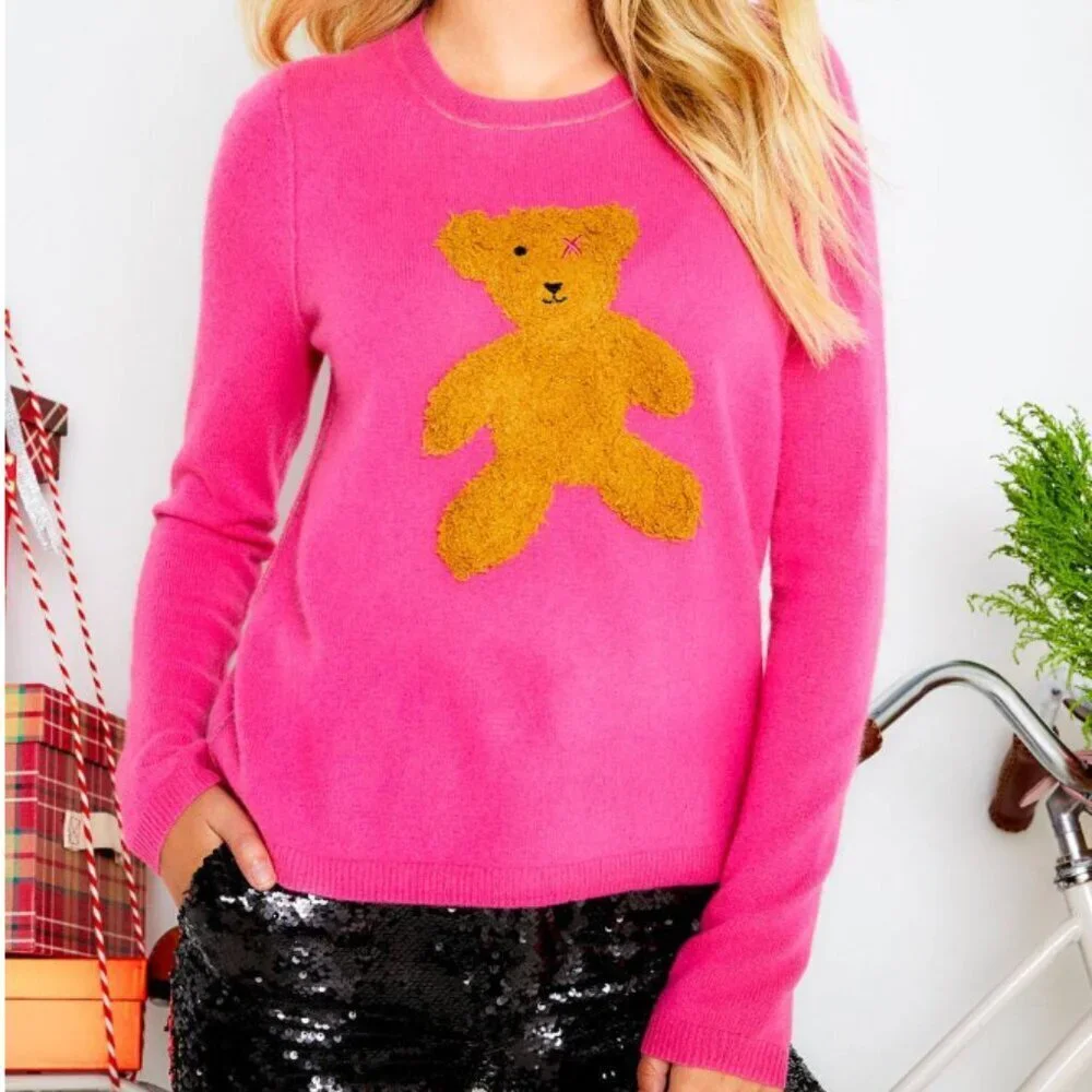 Lisa Todd Teddy Bear Graphic Intarsia Cashmere Sweater – Bright Pink – Size XL